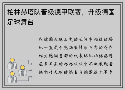 柏林赫塔队晋级德甲联赛，升级德国足球舞台