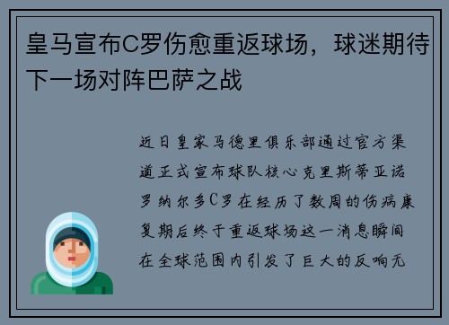 皇马宣布C罗伤愈重返球场，球迷期待下一场对阵巴萨之战
